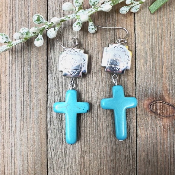 Western Style Cross Semi Stone Turquoise Dangle Earrings - Picture 5 of 6